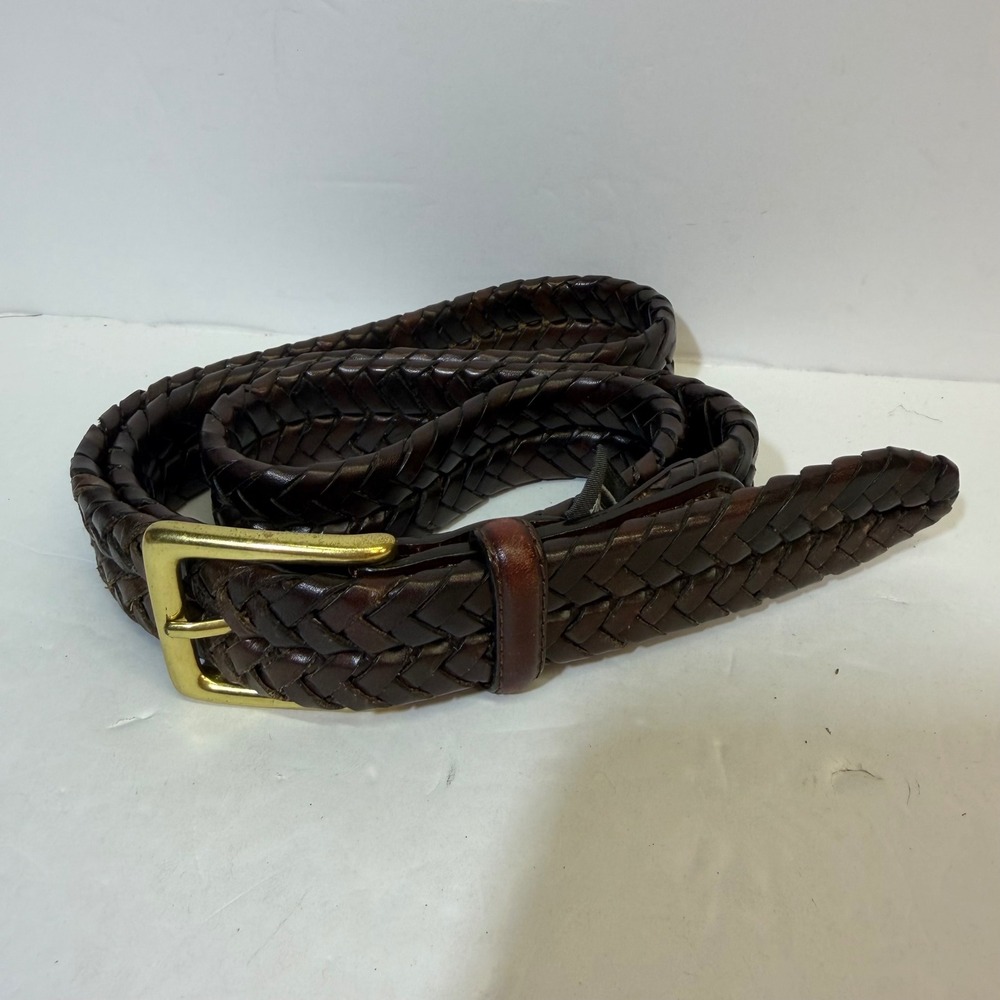 Brighton Mens Braided Leather Belt Dark Brown Woven Gold Buckle Size 40